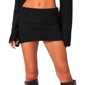 imageKnit Bodycon Mini Skirts for Women High Waisted Fold Over Low Rise Y2k Cute Short Skirt Wrap Pencil Skirt SkortBlack
