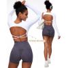 imageWomen Backless Long Sleeve Workout Tops Gym Shirt Athletic Clothes Built in Bra Open Back Crop Top Yoga Sport TopsBright White