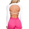 imageWomen Backless Long Sleeve Workout Tops Gym Shirt Athletic Clothes Built in Bra Open Back Crop Top Yoga Sport TopsBright White