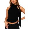 imageOff Shoulder Halter Mock Neck Going Out Tops for Women Cute Club Rave Top Bow Tie Sleeveless Crop Tank Top with ScarfBlack