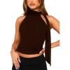imageOff Shoulder Halter Mock Neck Going Out Tops for Women Cute Club Rave Top Bow Tie Sleeveless Crop Tank Top with ScarfBrown