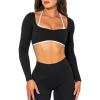 imageWomen Backless Long Sleeve Workout Tops Gym Shirt Athletic Clothes Built in Bra Open Back Crop Top Yoga Sport HalterBlack White