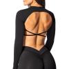 imageWomen Backless Long Sleeve Workout Tops Gym Shirt Athletic Clothes Built in Bra Open Back Crop Top Yoga Sport TopsBlack