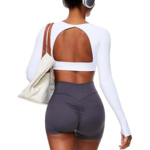 imageBackless Workout Tops for Women Long Sleeve Gym Shirts Open Back Crop Top Cute Going Out Tops Yoga Athletic TopsA1 Long Sleeve Workout Top White