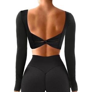 imageBackless Workout Tops for Women Long Sleeve Gym Shirts Open Back Crop Top Cute Going Out Tops Yoga Athletic TopsA2 Twist Long Sleeve Crop Top Black