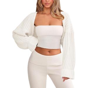 imageChunky Knit Bolero Shrug Cardigan Sweater for Women Fall Open Front Long Arm Sleeve Cropped Cardigan Y2k Loose SueterBeige White