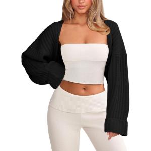 imageChunky Knit Bolero Shrug Cardigan Sweater for Women Fall Open Front Long Arm Sleeve Cropped Cardigan Y2k Loose SueterBlack