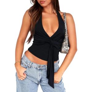 imageHalter V Neck Going Out Tops for Women Cute Club Rave Top Backless Twist Sleeveless Off Shoulder Crop Tank Top SexyBlack