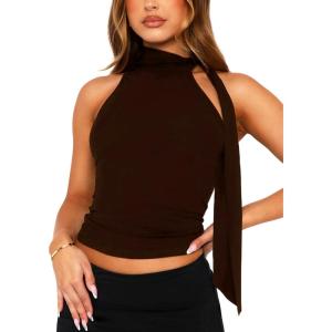 imageOff Shoulder Halter Mock Neck Going Out Tops for Women Cute Club Rave Top Bow Tie Sleeveless Crop Tank Top with ScarfBrown
