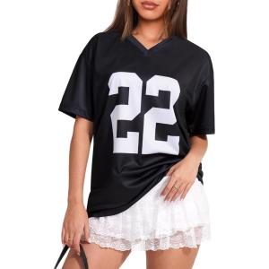 imageOversized Jersey Shirts for Women Y2k Blokette Tops V Neck Number Graphic Tees Short Sleeve TShirt Black WhiteBlack White