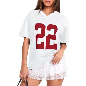 imageOversized Jersey Shirts for Women Y2k Blokette Tops V Neck Number Graphic Tees Short Sleeve TShirt Black WhiteWhite Red