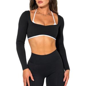 imageWomen Backless Long Sleeve Workout Tops Gym Shirt Athletic Clothes Built in Bra Open Back Crop Top Yoga Sport HalterBlack White