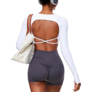 imageWomen Backless Long Sleeve Workout Tops Gym Shirt Athletic Clothes Built in Bra Open Back Crop Top Yoga Sport TopsBright White