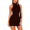 imageHalter Mock Neck Bodycon Mini Dresses for Women Going Out Dress Summer Short Club Cocktail Party Dress with ScarfBrown