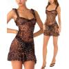 imageLeopard Ruffle Sheer Mesh Mini Dresses for Women Babydoll Lingerie Club Rave Concert Outfit See Through Party DressBlack Brown Leopard Print