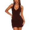 imageBodycon Halter Mini Dresses for Women Going Out Club Dress Backless V Neck Summer Short Dress Cocktail Party DressesBrown
