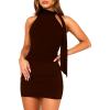 imageHalter Mock Neck Bodycon Mini Dresses for Women Going Out Dress Summer Short Club Cocktail Party Dress with ScarfBrown