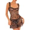 imageLeopard Ruffle Sheer Mesh Mini Dresses for Women Babydoll Lingerie Club Rave Concert Outfit See Through Party DressBlack Brown Leopard Print