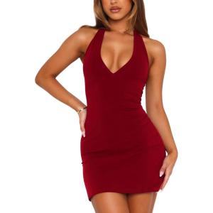 imageBodycon Halter Mini Dresses for Women Going Out Club Dress Backless V Neck Summer Short Dress Cocktail Party DressesBurgundy Red