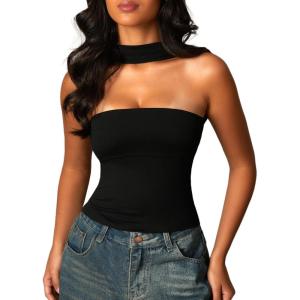 imageStrapless Halter Tube Top Backless Going Out Tops for Women Cute Club Rave Top Off Shoulder Open Back Bandeau ShirtsBlack