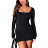 imageLong Sleeve Square Neck Bodycon Mini Dresses for Women Cute Ruched Cocktail Party Club Going Out DressBlack