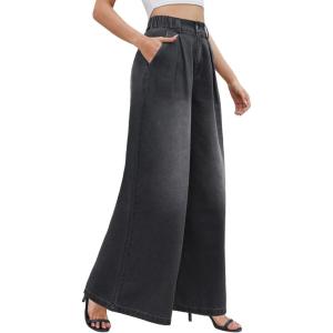imageTapata Womens 24quot27quot30quot33quot Inseam Wide Leg Jeans Petite Elastic Waist Baggy Denim Pants Long Palazzo TrousersBlack