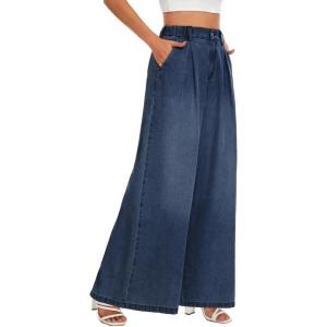imageTapata Womens 24quot27quot30quot33quot Inseam Wide Leg Jeans Petite Elastic Waist Baggy Denim Pants Long Palazzo TrousersDark Blue