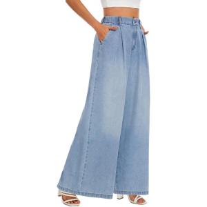 imageTapata Womens 24quot27quot30quot33quot Inseam Wide Leg Jeans Petite Elastic Waist Baggy Denim Pants Long Palazzo TrousersLight Blue