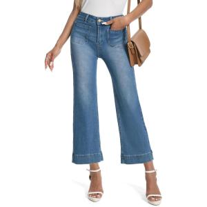 imageTapata Womens 2426 Petite Regular Wide Leg Jeans High Waisted Flare Stretchy Cropped Denim Pants Trendy Baggy PocketsBlue