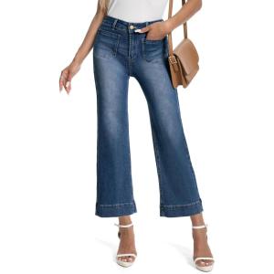 imageTapata Womens 2426 Petite Regular Wide Leg Jeans High Waisted Flare Stretchy Cropped Denim Pants Trendy Baggy PocketsDark Blue