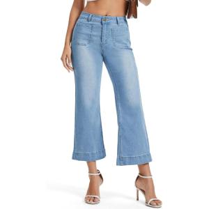 imageTapata Womens 2426 Petite Regular Wide Leg Jeans High Waisted Flare Stretchy Cropped Denim Pants Trendy Baggy PocketsLight Blue