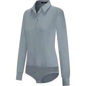 imageTapata Womens Bodysuit Blouse Button Down OnePiece Long Sleeve Solid Office Work Shirt Casual TopsLight Grey