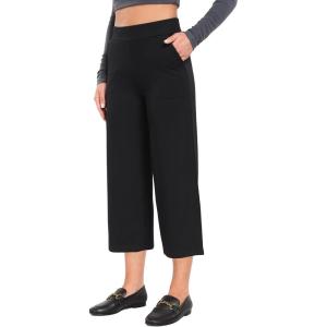 imageTapata Womens Wide Leg Cropped Pants Stretchy Pull On Mid Rise Slacks for Business Casual Capris with PocketsBlack