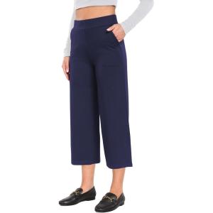 imageTapata Womens Wide Leg Cropped Pants Stretchy Pull On Mid Rise Slacks for Business Casual Capris with PocketsDark Blue