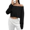imageAvanova Women Off Shoulder Boat Neck Crop Tops Long Sleeves Oversized Loose Tee ShirtsBlack
