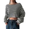 imageAvanova Women Off Shoulder Boat Neck Crop Tops Long Sleeves Oversized Loose Tee ShirtsBlack Striped