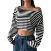 imageAvanova Women Off Shoulder Boat Neck Crop Tops Long Sleeves Oversized Loose Tee ShirtsBlack Striped