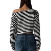 imageAvanova Women Off Shoulder Boat Neck Crop Tops Long Sleeves Oversized Loose Tee ShirtsBlack Striped