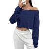 imageAvanova Women Off Shoulder Boat Neck Crop Tops Long Sleeves Oversized Loose Tee ShirtsBlue