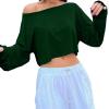 imageAvanova Women Off Shoulder Boat Neck Crop Tops Long Sleeves Oversized Loose Tee ShirtsDrak Green