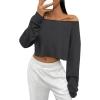 imageAvanova Women Off Shoulder Boat Neck Crop Tops Long Sleeves Oversized Loose Tee ShirtsDrak Grey