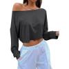 imageAvanova Women Off Shoulder Boat Neck Crop Tops Long Sleeves Oversized Loose Tee ShirtsDrak Grey