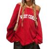 imageAvanova Women West Coast Graphic Off Shoulder Sweatshirt Boat Neck Long Sleeve Oversized Pullover ShirtRed