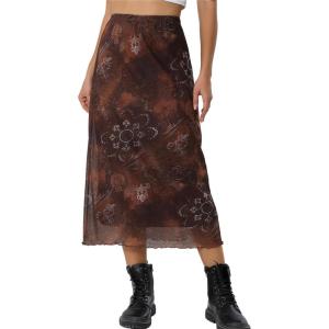 imageAvanova Women Mesh Floral Boho High Waist Midi Skirt Lettuce Trim Summer A Line SkirtA Brown E