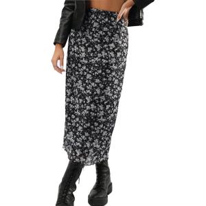 imageAvanova Women Mesh Floral Boho High Waist Midi Skirt Lettuce Trim Summer A Line SkirtA Floral Black