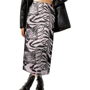 imageAvanova Women Mesh Floral Boho High Waist Midi Skirt Lettuce Trim Summer A Line SkirtBeige Striped