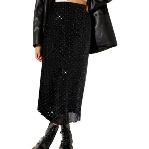 imageAvanova Women Mesh Floral Boho High Waist Midi Skirt Lettuce Trim Summer A Line SkirtBlack Glitter