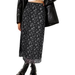 imageAvanova Women Mesh Floral Boho High Waist Midi Skirt Lettuce Trim Summer A Line SkirtBlack White