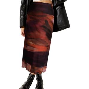 imageAvanova Women Mesh Floral Boho High Waist Midi Skirt Lettuce Trim Summer A Line SkirtBrown Aa