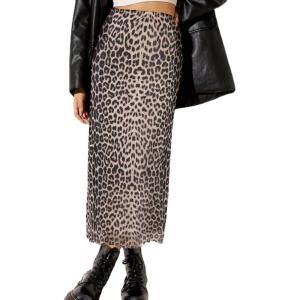 imageAvanova Women Mesh Floral Boho High Waist Midi Skirt Lettuce Trim Summer A Line SkirtBrown Leopard C